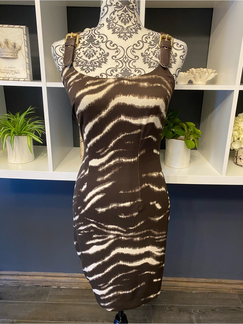 Michael Kors Brown/Cream Lined Zebra-Print Bodycon Dress with Buckle Straps S